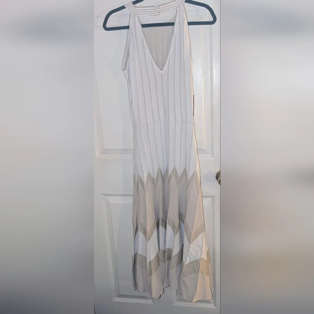 Anthropologie White/Gold Pleated Drop Waist Knit Midi Dress - Picture 8 of 8